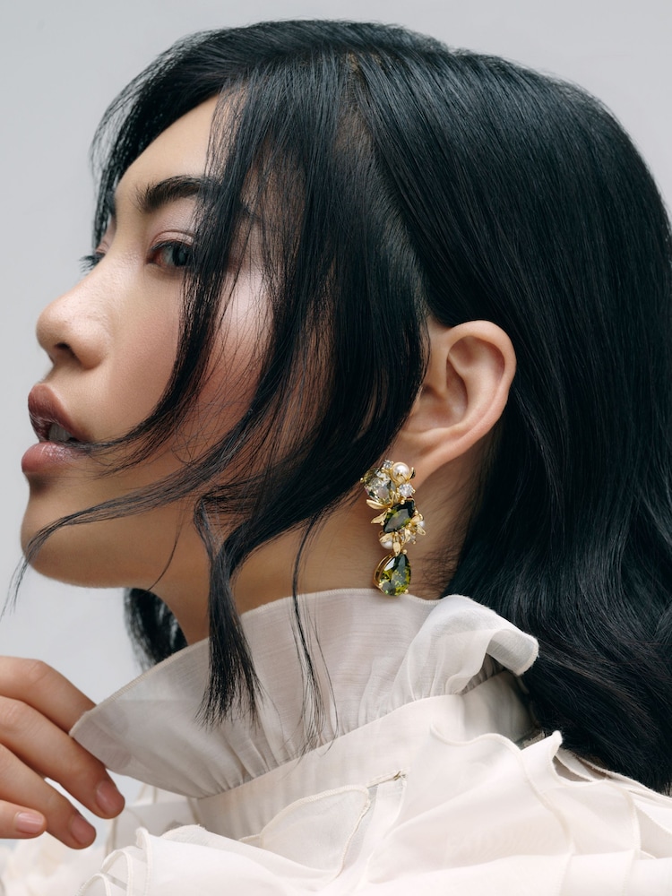 CERENE Alia Olive Green Gold Tone Crystal Blossom Drop Earrings - Image 2 of 6