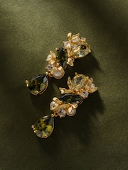 CERENE Alia Olive Green Gold Tone Crystal Blossom Drop Earrings - Image 3 of 6