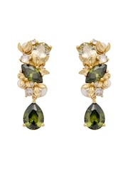 CERENE Alia Olive Green Gold Tone Crystal Blossom Drop Earrings - Image 4 of 6