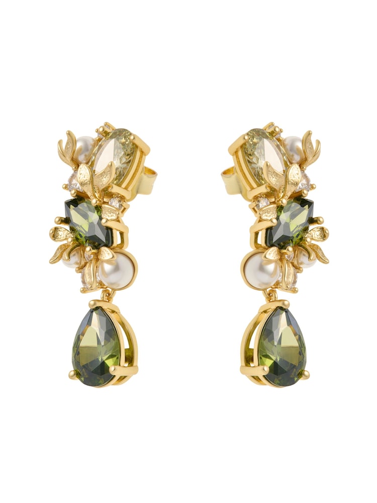 CERENE Alia Olive Green Gold Tone Crystal Blossom Drop Earrings - Image 6 of 6