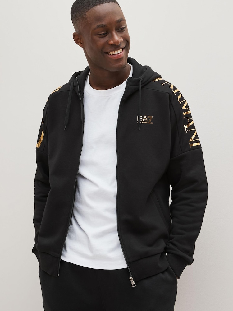 Emporio Armani EA7 Shoulder Logo Zip Through Black Hoodie - Image 1 of 4
