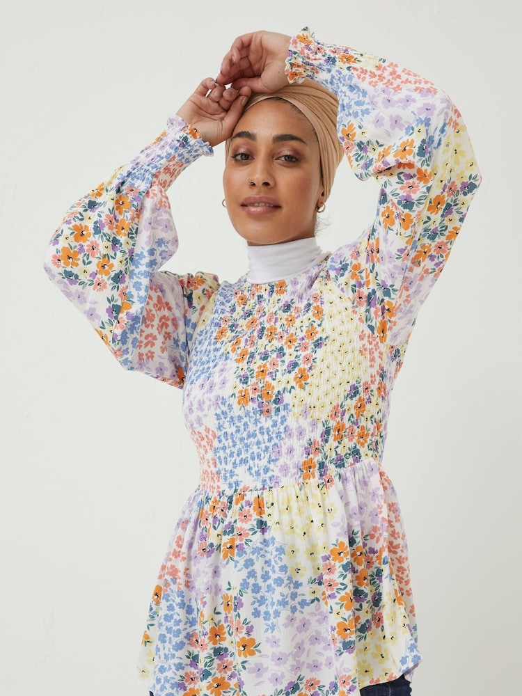 FatFace Natural Fran Meadow Patch Shirred Top - Image 1 of 5