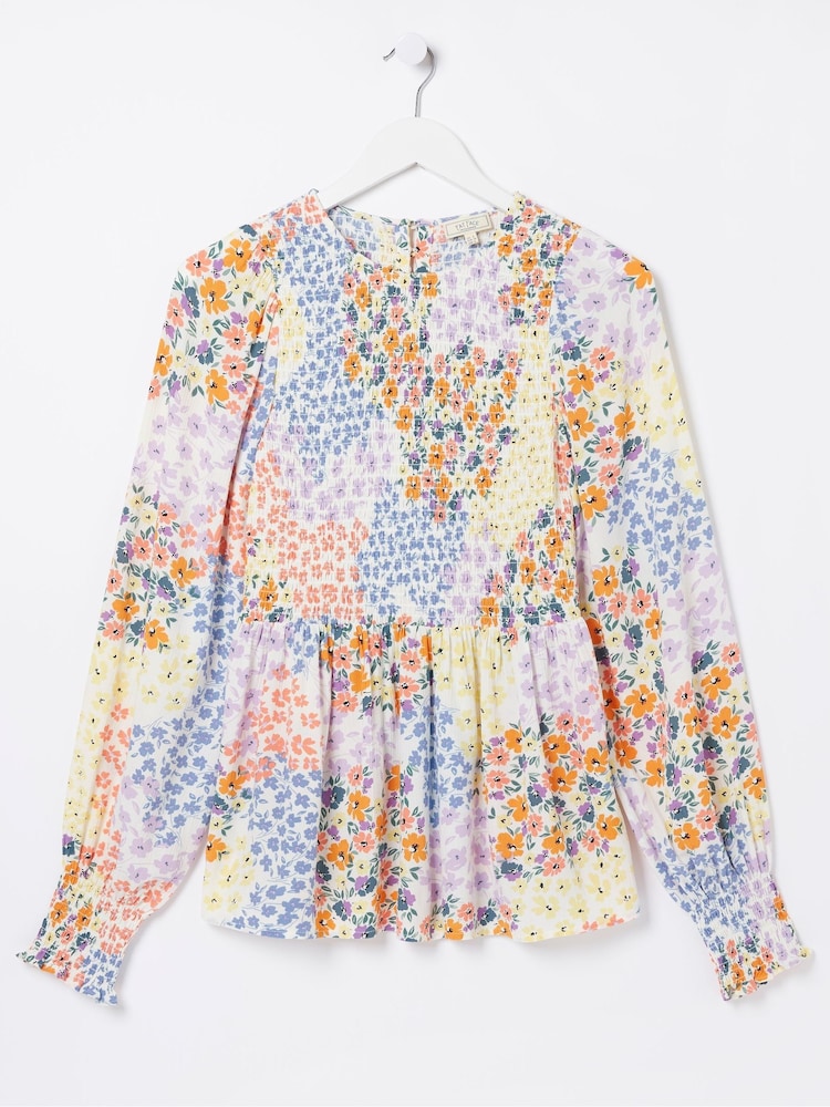 FatFace Natural Fran Meadow Patch Shirred Top - Image 5 of 5