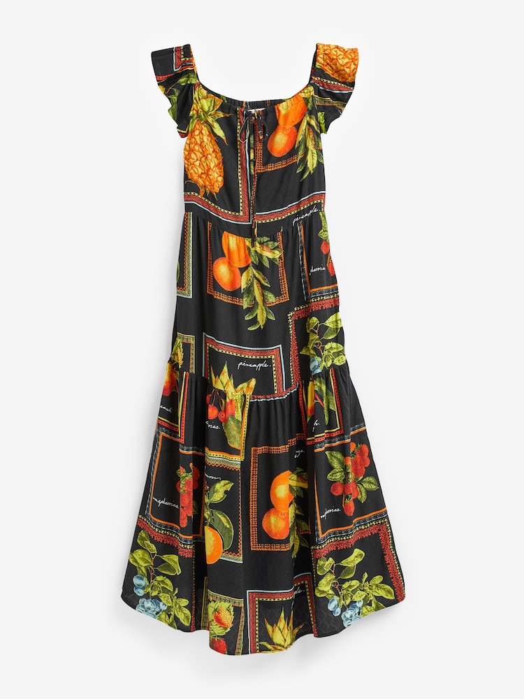 Schwarz mit Fruchtprint - Schulterfreies Sommerkleid mit Neckholder - Bild 2 von 7