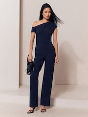 Lipsy Navy Petite Off The Shoulder Gathered Waist Wide Leg Jumpsuit - Image 1 of 4