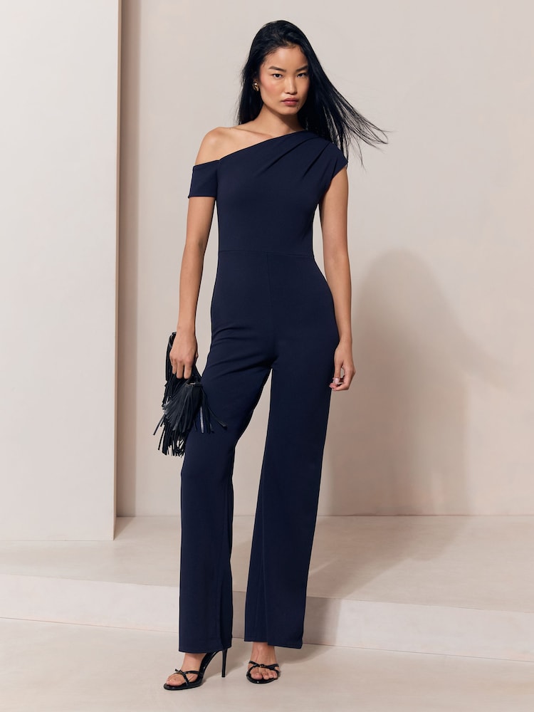 Lipsy Navy Petite Off The Shoulder Gathered Waist Wide Leg Jumpsuit - Image 1 of 4