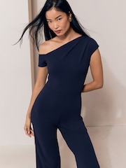 Lipsy Navy Petite Off The Shoulder Gathered Waist Wide Leg Jumpsuit - Image 2 of 4