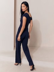 Lipsy Navy Petite Off The Shoulder Gathered Waist Wide Leg Jumpsuit - Image 3 of 4