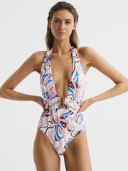 Reiss Multi Isabel Plunge Neck Abstract Print Swimsuit - Image 1 of 6