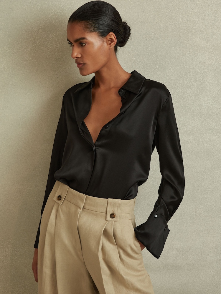 Reiss Black Hailey Petite Silk Double-Cuff Button-Through Shirt - Image 1 of 7