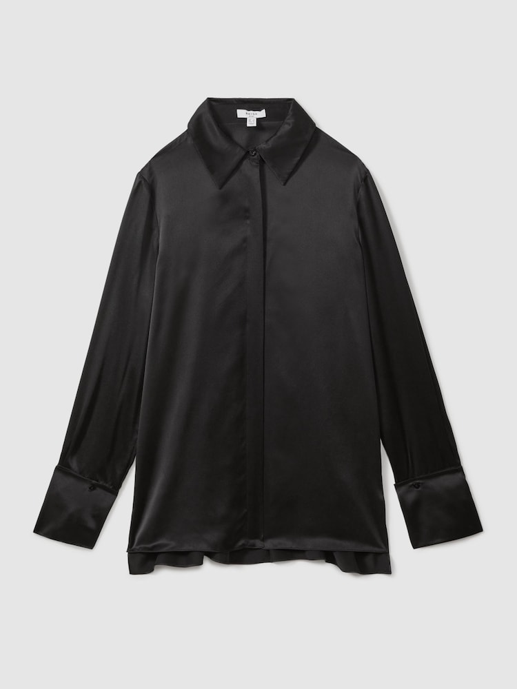 Reiss Black Hailey Petite Silk Double-Cuff Button-Through Shirt - Image 2 of 7