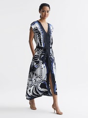 Reiss Navy/White Freja Scarf Printed Midi Dress - Image 1 of 7
