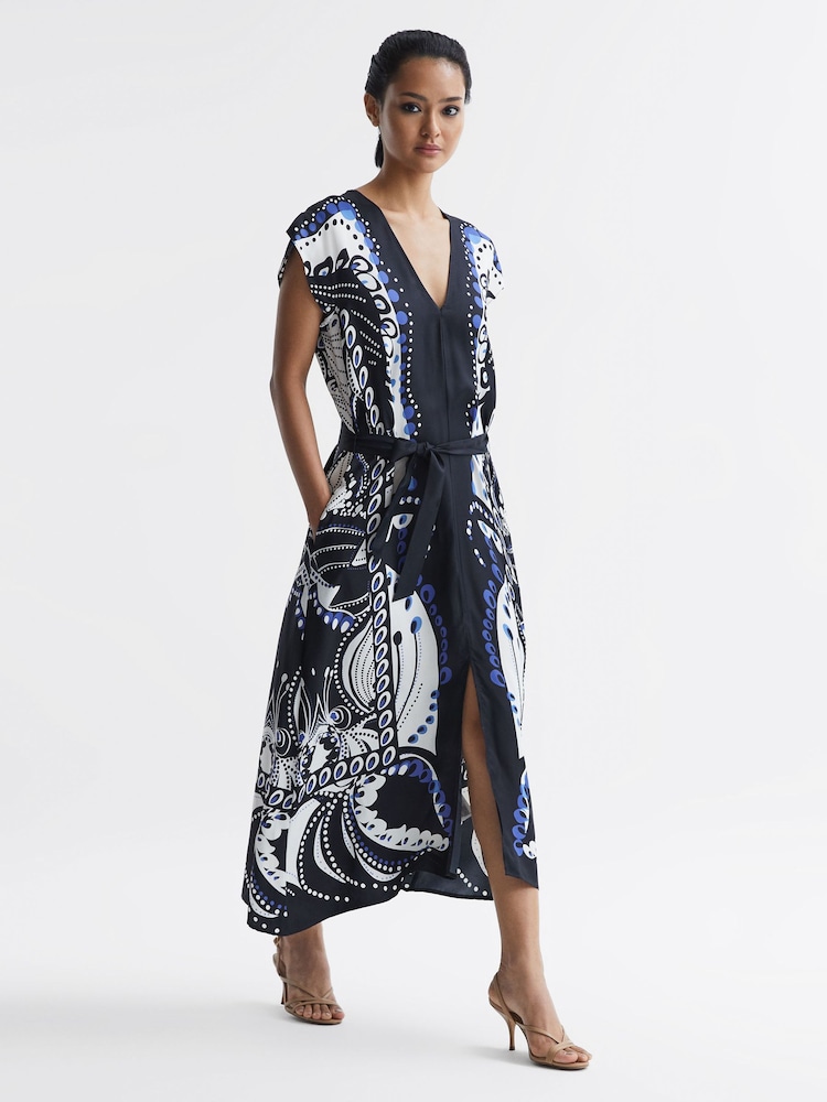 Reiss Navy/White Freja Scarf Printed Midi Dress - Image 1 of 7