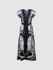 Reiss Navy/White Freja Scarf Printed Midi Dress - Image 2 of 7