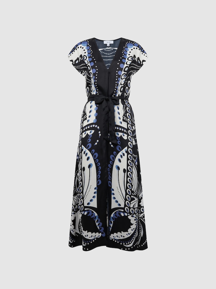 Reiss Navy/White Freja Scarf Printed Midi Dress - Image 2 of 7