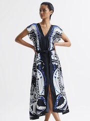 Reiss Navy/White Freja Scarf Printed Midi Dress - Image 3 of 7