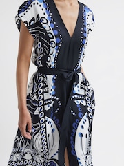 Reiss Navy/White Freja Scarf Printed Midi Dress - Image 4 of 7