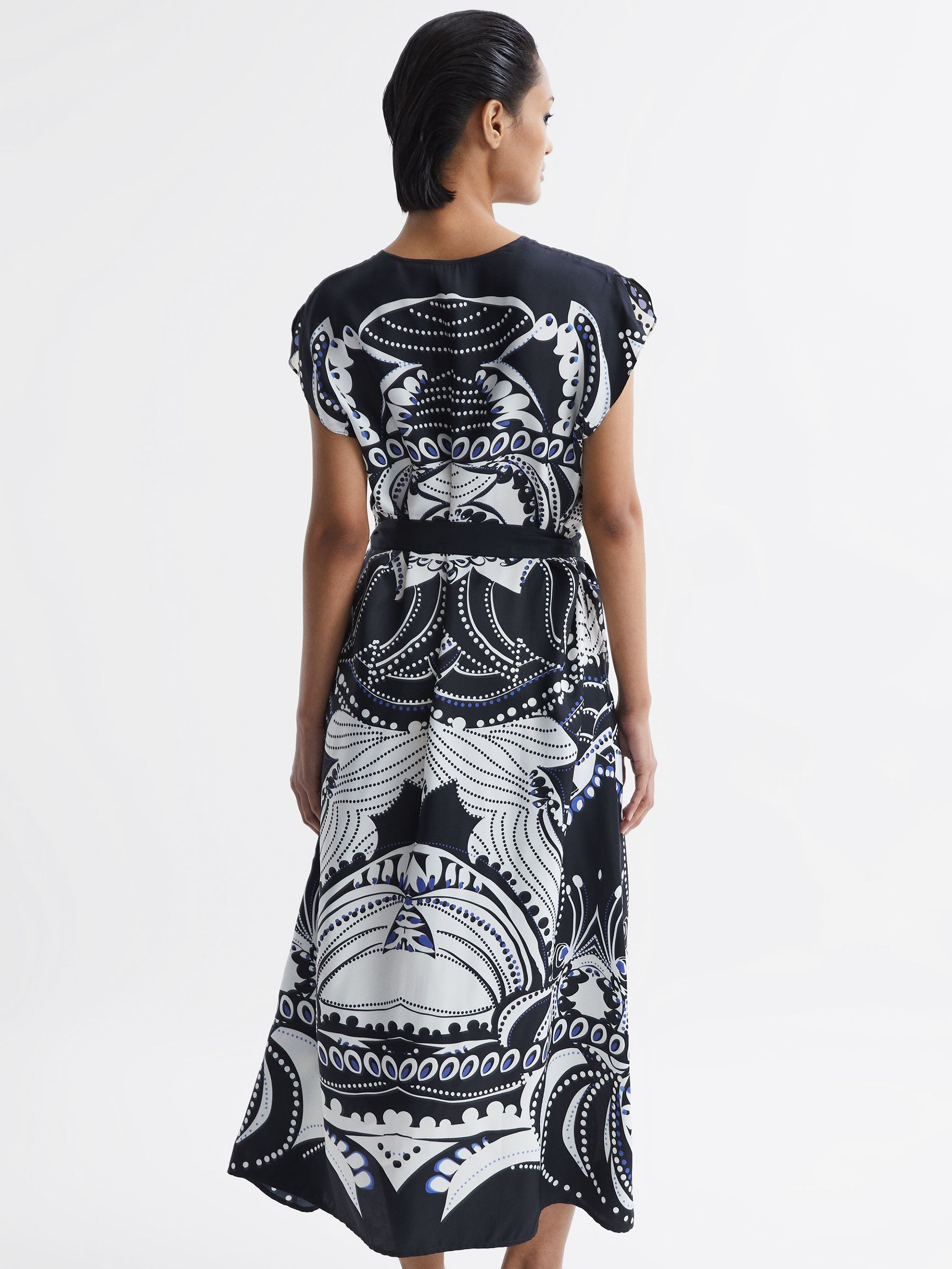 Buy Reiss Navy/White Freja Scarf Printed Midi Dress from