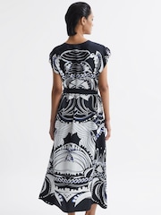 Reiss Navy/White Freja Scarf Printed Midi Dress - Image 5 of 7