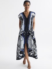 Reiss Navy/White Freja Scarf Printed Midi Dress - Image 6 of 7
