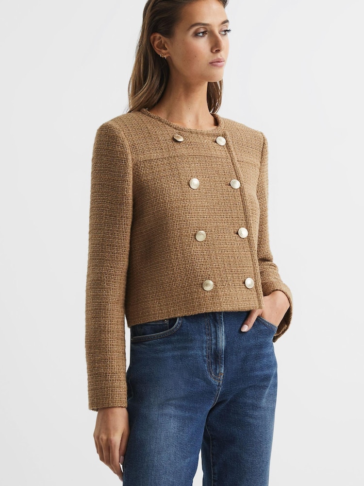 Reiss Camel Esmie Cropped Double Breasted Jacket - Image 1 of 6 Reiss Camel Esmie Cropped Double Breasted Jacket - Image 1 of 6