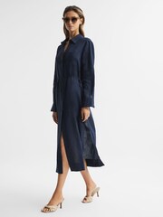 Reiss Navy Keava Collared Front Slip Midi Dress - Image 1 of 6