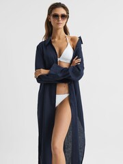Reiss Navy Keava Collared Front Slip Midi Dress - Image 3 of 6