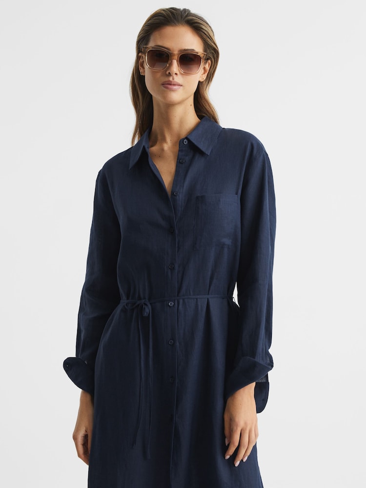 Reiss Navy Keava Collared Front Slip Midi Dress - Image 6 of 6