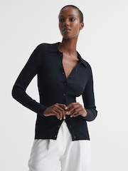 Reiss Navy Sandy Ribbed Button Through Shirt - Image 1 of 5