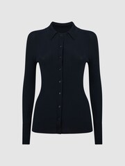 Reiss Navy Sandy Ribbed Button Through Shirt - Image 2 of 5