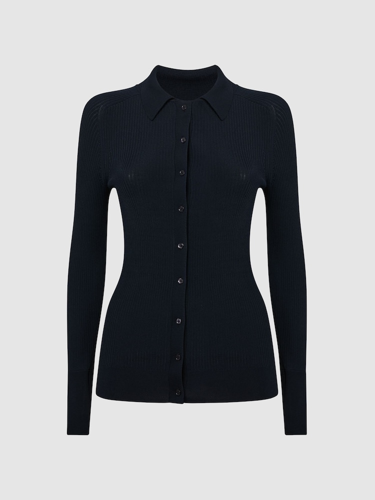 Reiss Navy Sandy Ribbed Button Through Shirt - Image 2 of 5
