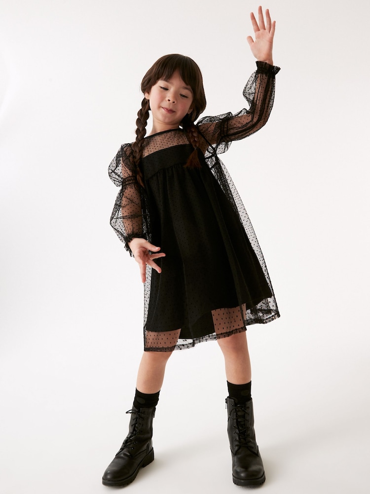 Black Shirred Mesh Dress (3-16yrs) - Image 2 of 8