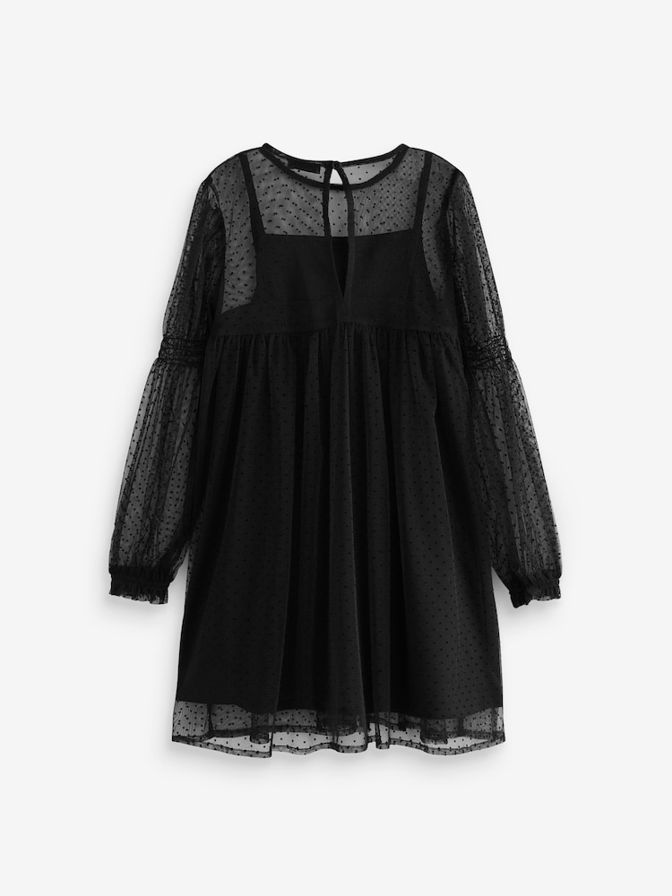 Black Shirred Mesh Dress (3-16yrs) - Image 8 of 8
