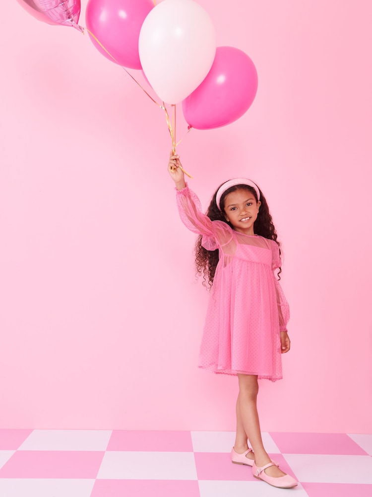 Pink Shirred Mesh Dress (3-16yrs) - Image 1 of 9