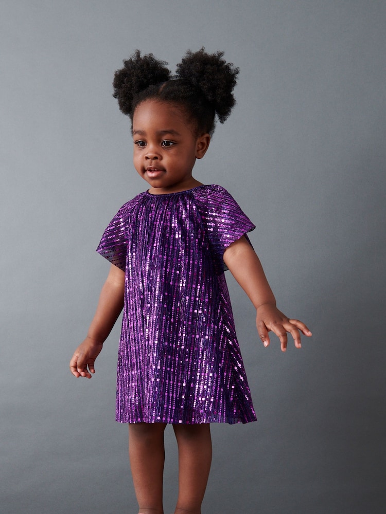 Purple Sequin Party Angel Sleeve Dress (3mths-8yrs) - Image 1 of 6
