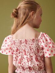 Red Floral Shirred Cotton Blouse (3-16yrs) - Image 3 of 5