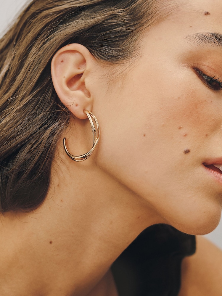 Gold Tone Cross Over Hoop Earrings - Image 2 of 5