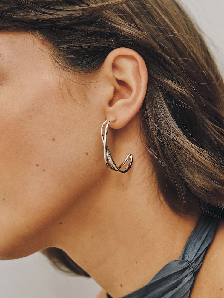 Silver Tone Cross Over Hoop Earrings - Image 2 of 5