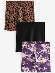Animal Print/Black/Purple Tie Dye Print 3 Pack 3 Pack Cycle Shorts (3-16yrs) - Image 1 of 3