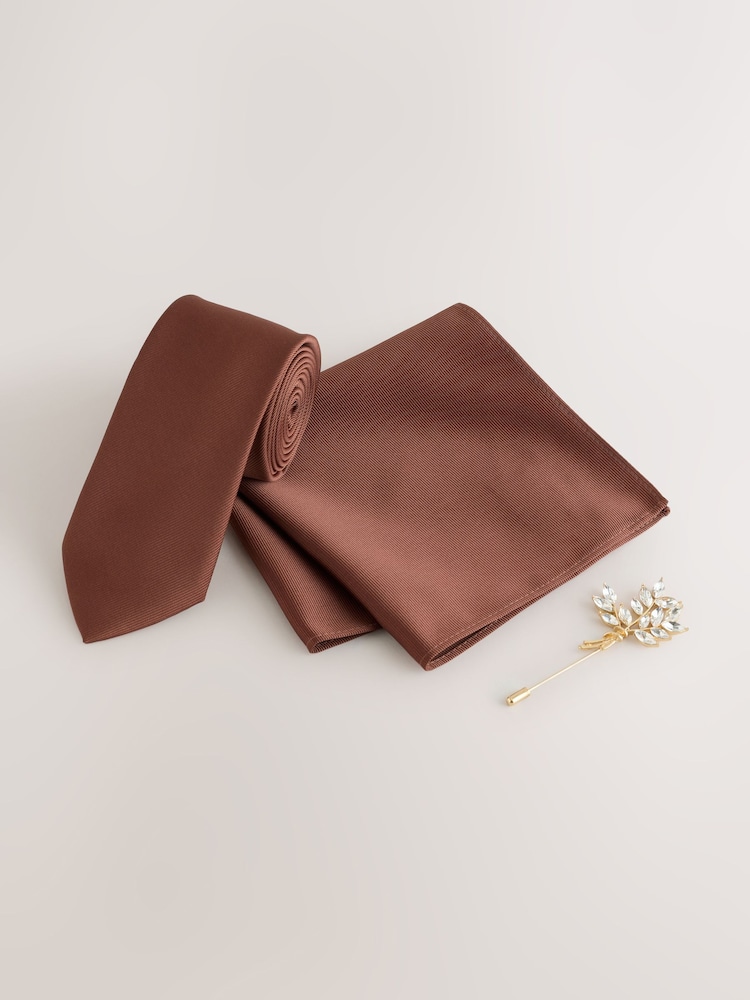 Brown Tie Pocket Square and Pin Set - Image 1 of 4 Brown Tie Pocket Square and Pin Set - Image 1 of 4