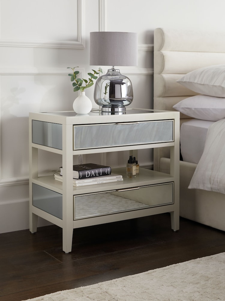 Stone Cora Mirror 2 Drawer Wide Bedside Table - Image 1 of 9