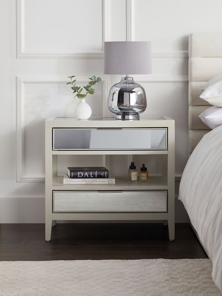 Stone Cora Mirror 2 Drawer Wide Bedside Table - Image 2 of 9