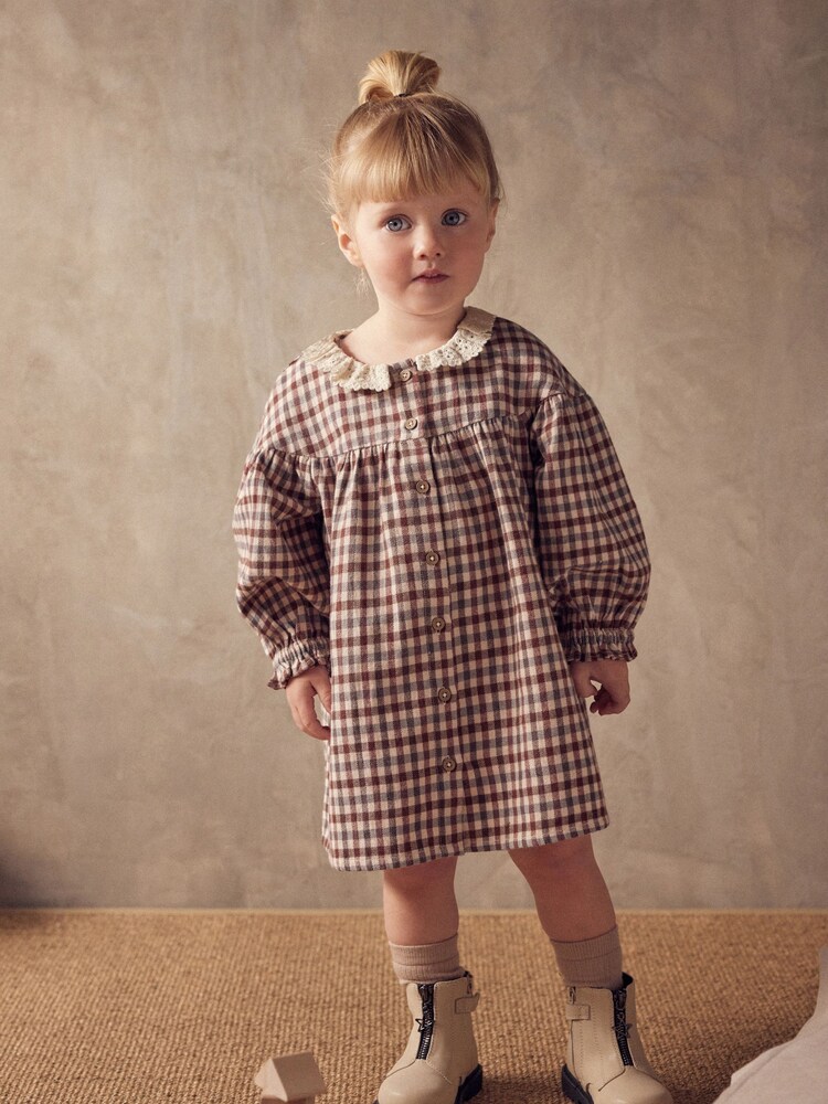 Beige Check Lace Collar Dress (3mths-8yrs) - Image 1 of 6 Beige Check Lace Collar Dress (3mths-8yrs) - Image 1 of 6