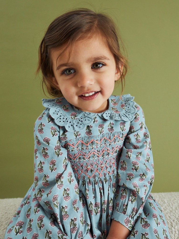 Teal Blue Printed Shirred Collar Dress (3mths-8yrs) - Image 1 of 5 Teal Blue Printed Shirred Collar Dress (3mths-8yrs) - Image 1 of 5