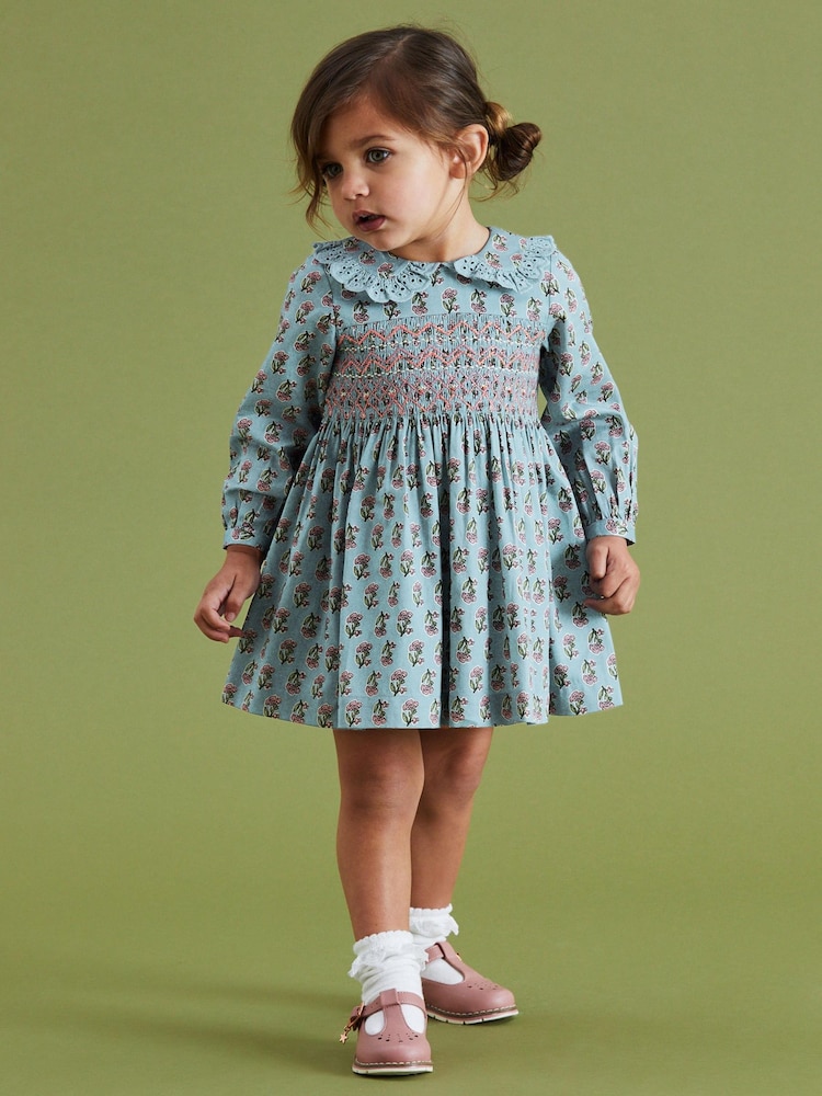 Teal Blue Printed Shirred Collar Dress (3mths-8yrs) - Image 2 of 5 Teal Blue Printed Shirred Collar Dress (3mths-8yrs) - Image 2 of 5