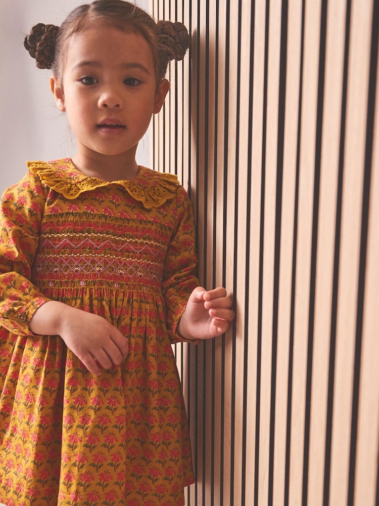 Yellow Printed Shirred Collar Dress (3mths-8yrs) - Image 1 of 6 Yellow Printed Shirred Collar Dress (3mths-8yrs) - Image 1 of 6