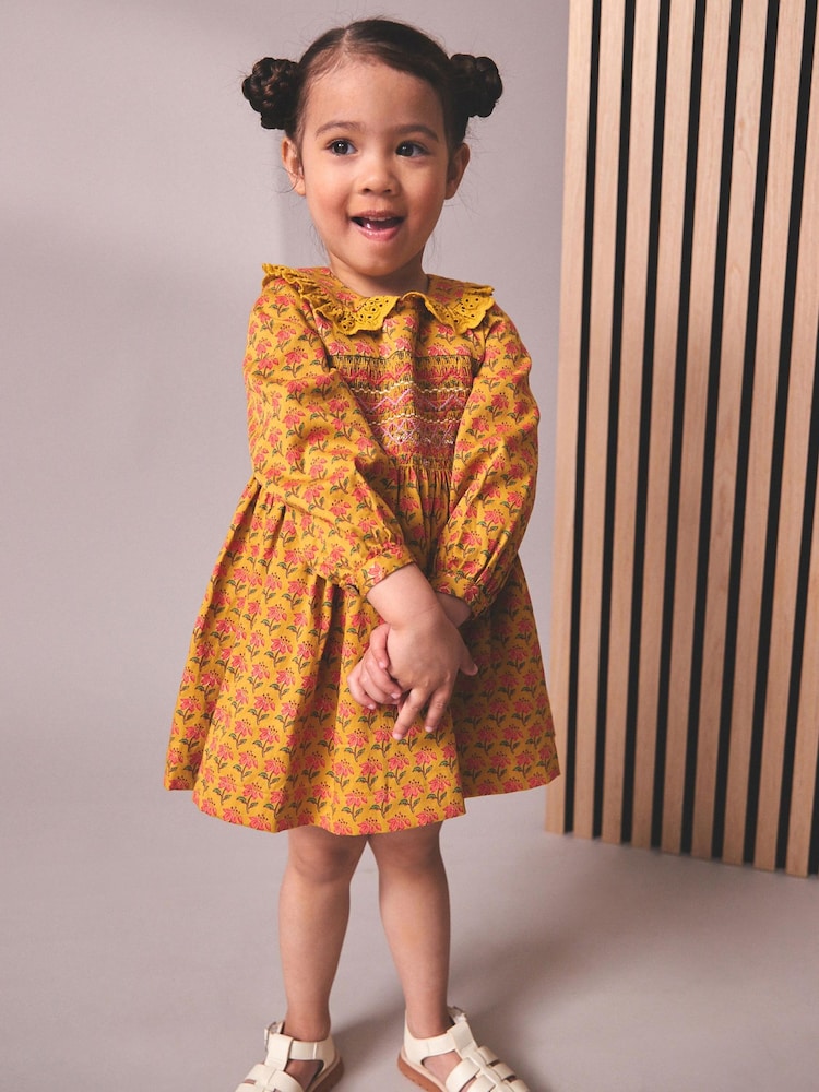 Yellow Printed Shirred Collar Dress (3mths-8yrs) - Image 2 of 6 Yellow Printed Shirred Collar Dress (3mths-8yrs) - Image 2 of 6