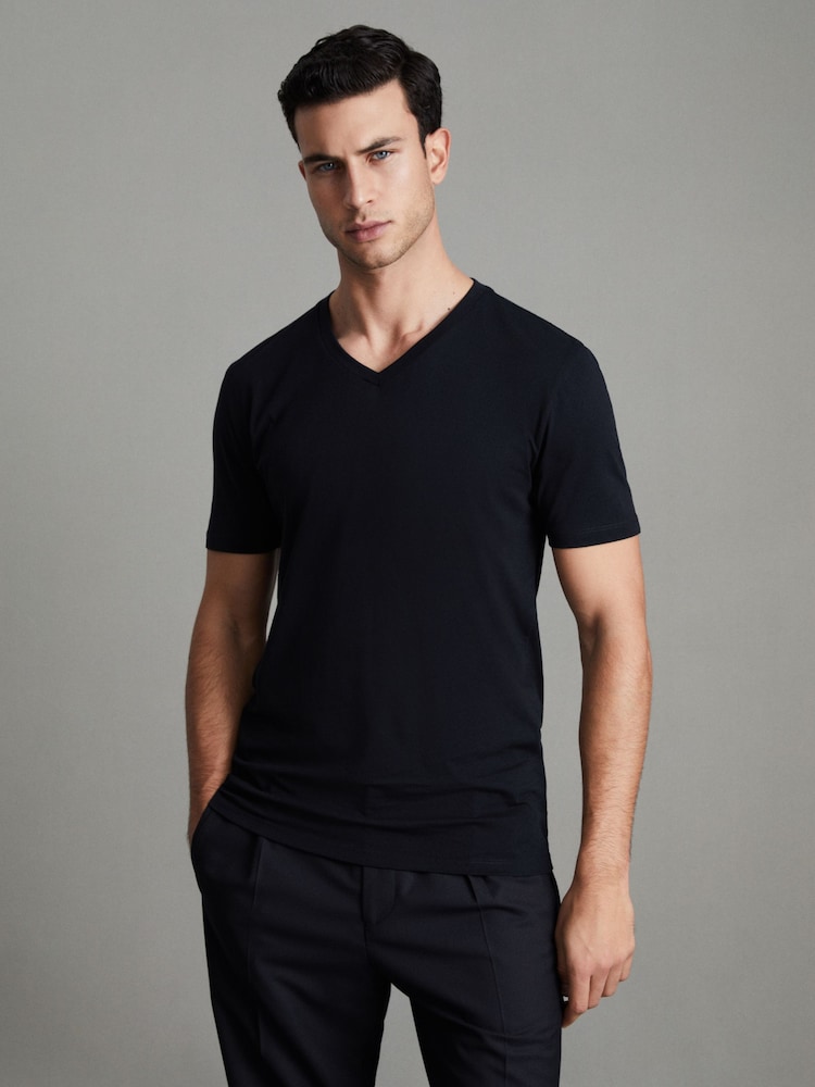 Reiss Navy Dayton Cotton V-Neck T-Shirt - Image 1 of 7