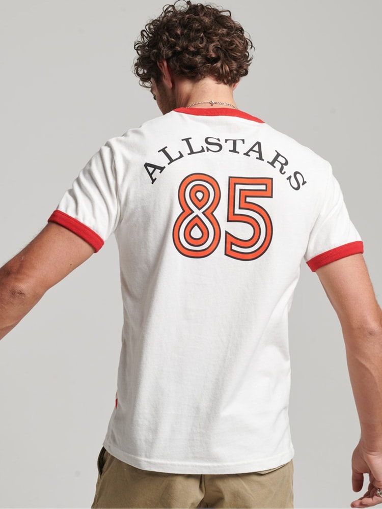 Superdry Cream Ringspun Allstars FM 100% Cotton Graphic Ringer T-Shirt - Image 2 of 4
