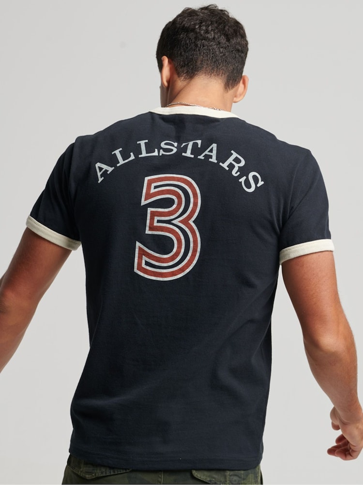 Superdry Black Ringspun Allstars BG 100% Cotton Graphic Ringer T-Shirt - Image 2 of 4 Superdry Black Ringspun Allstars BG 100% Cotton Graphic Ringer T-Shirt - Image 2 of 4